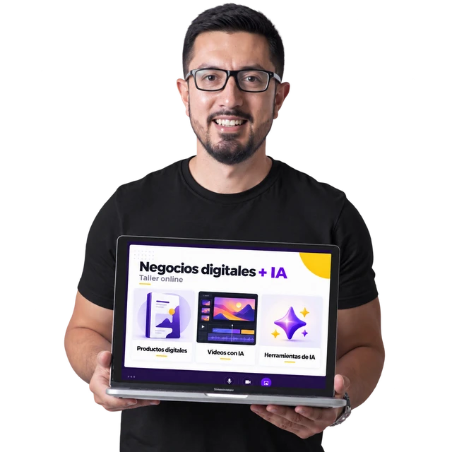 Jorge Guevara sosteniendo una laptop sobre negocios digitales e inteligencia artificial